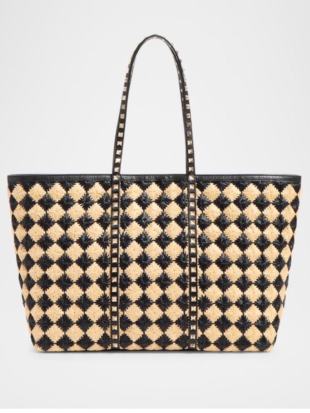 Valentino Garavani Rockstud Emroidered Woven Black and Natural Check Tote Bag